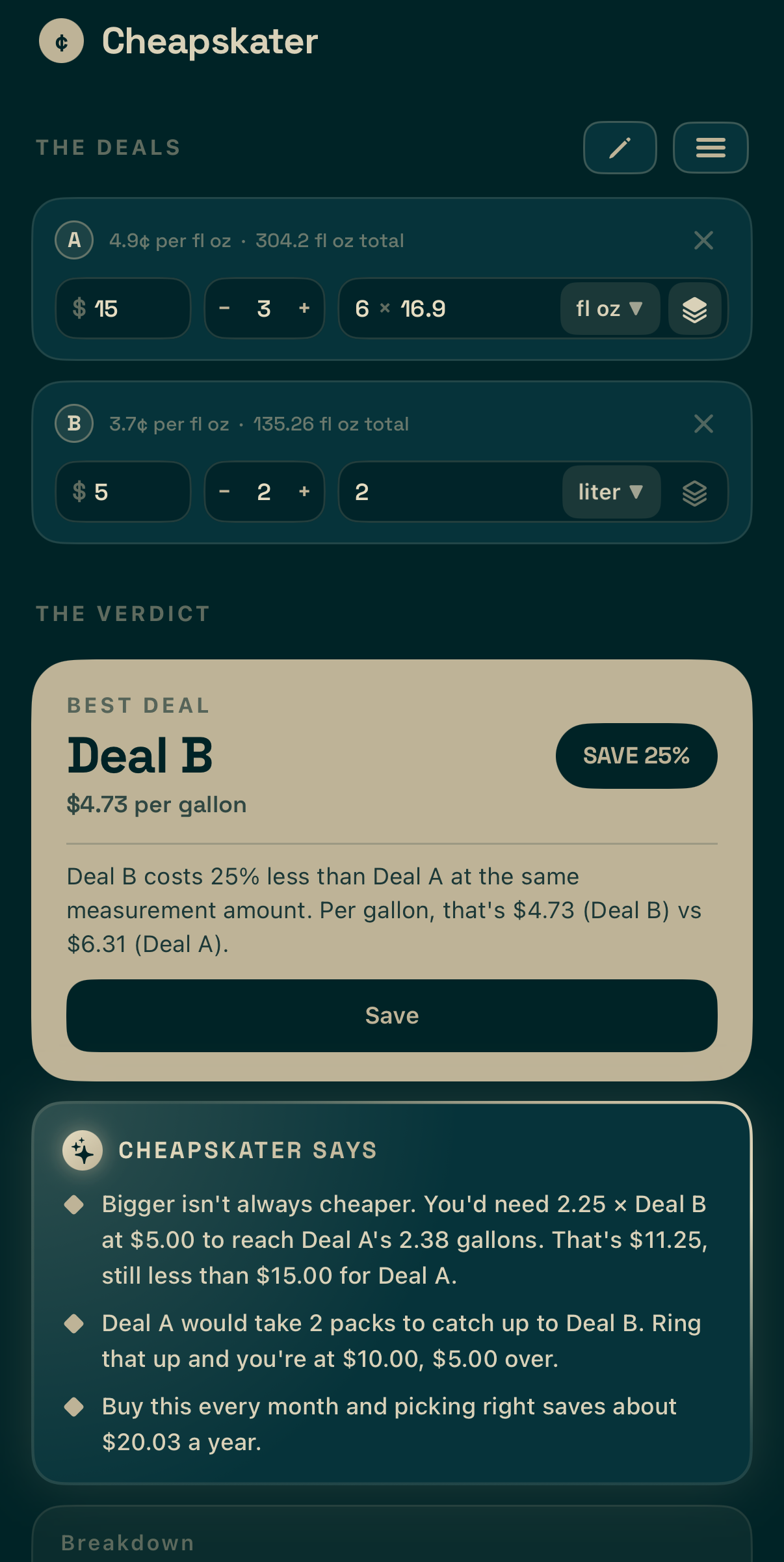 Cheapskater comparing two prices, with Item B named the best deal at 25% savings